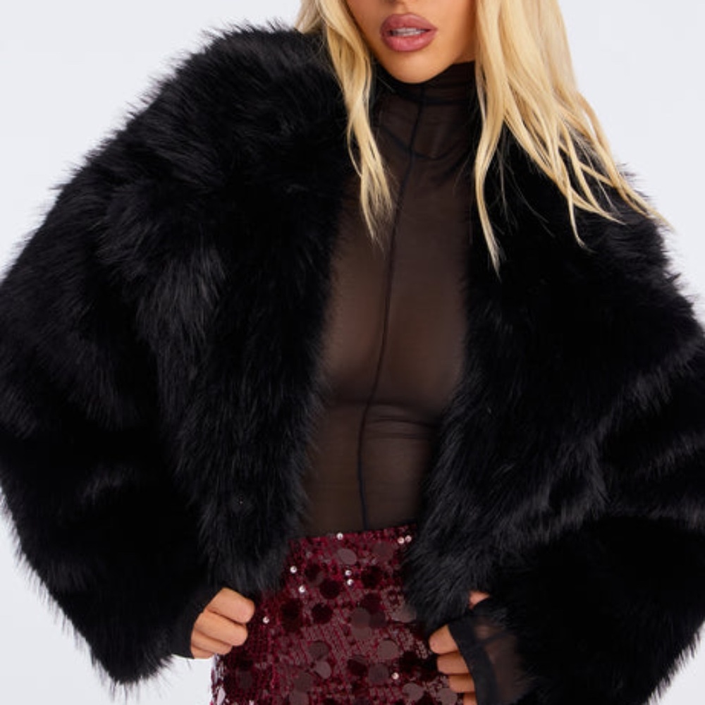 Black Faux Fur Open Front Coat Glam Statement Jacket